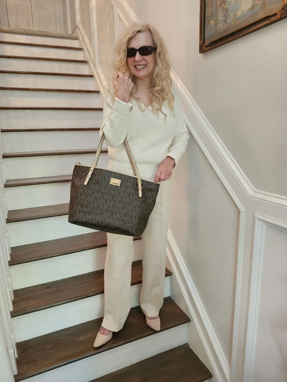 Michael Kors Dark Brown MK Logo Crossbody Large Tote with Cream Straps, $45